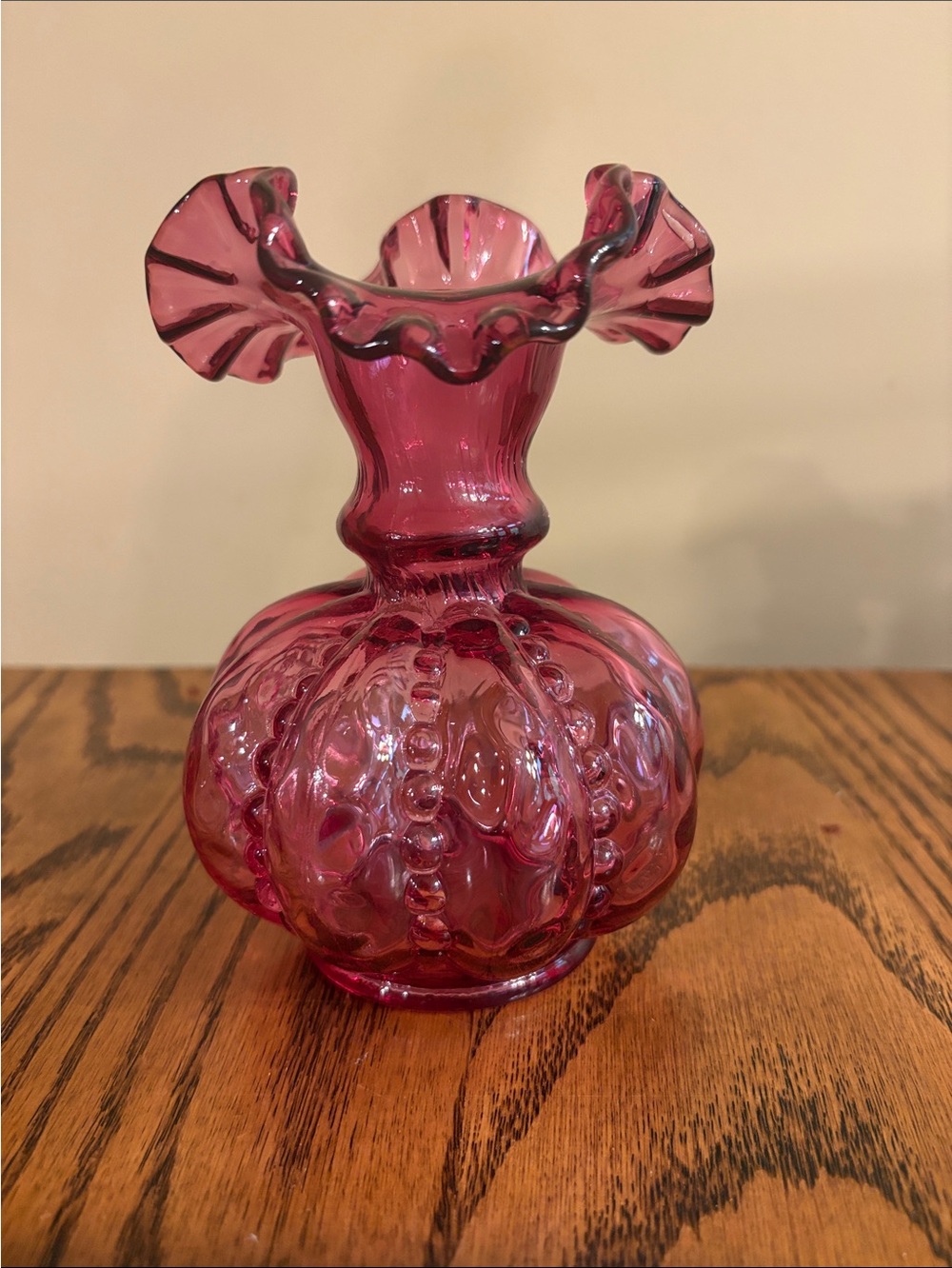 Fenton Cranberry Pink Ruffled Glass Vase